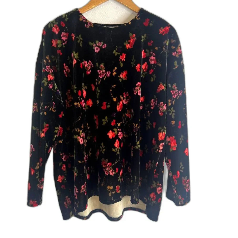 J Jill Black Floral‎ Velvet Long Sleeve Top Size Large